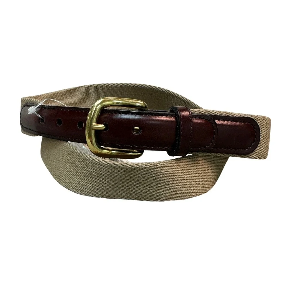 NWT Canterbury of New Zealand Mens Web Belt Tan Canvas Burgundy Leather Brass 38